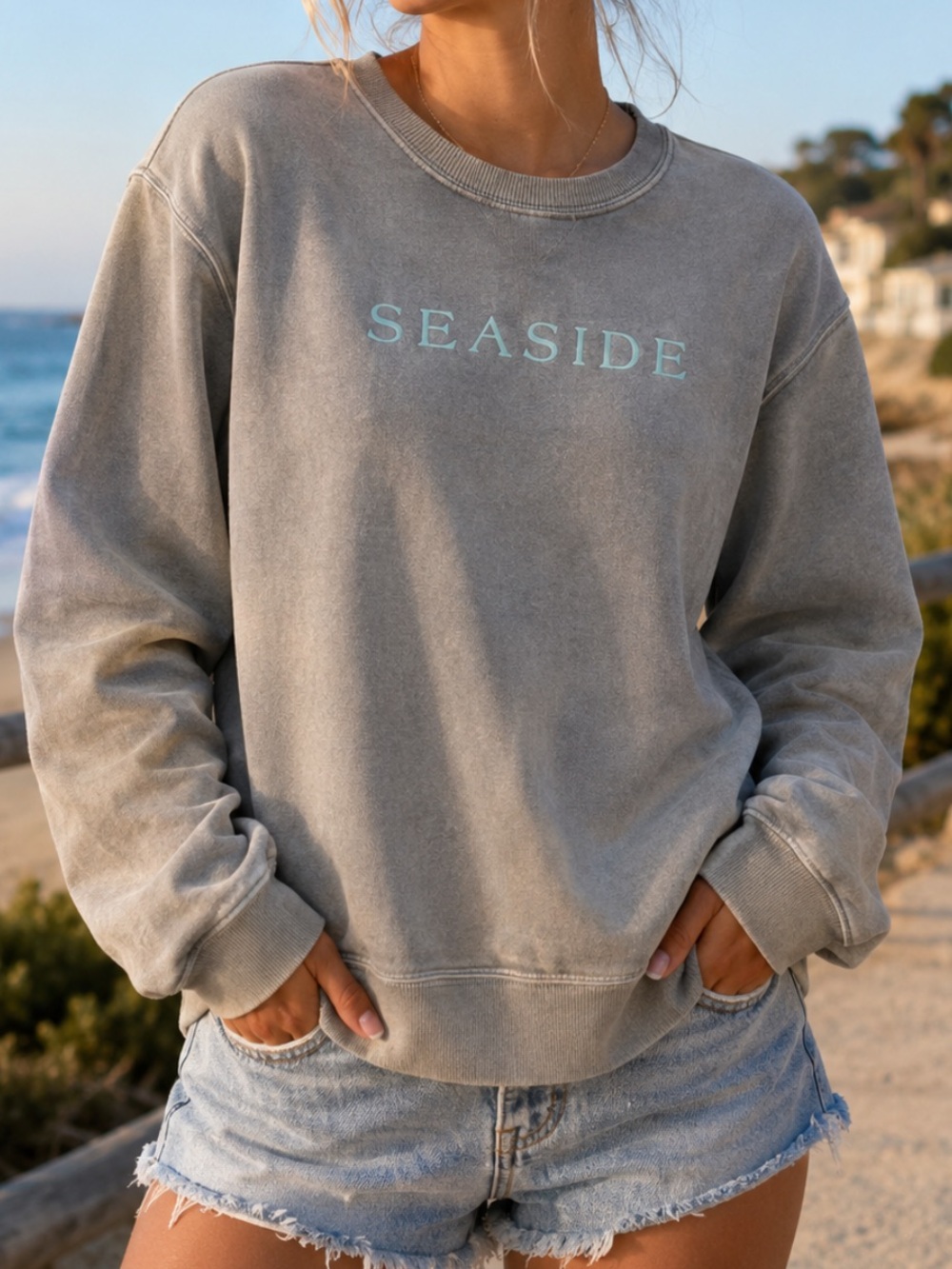 Washed Gray Crewneck Sweatshirt with 'SEASIDE' Print